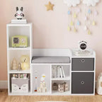 GustoWave Estantería Infantil 44.1in Ancho Almacenamiento de Juguetes Organizador Librería Blanca Cojín de Asiento Banco de Almacenamiento de Madera de 6 Cubículos 2 Cajones Estante Armario para Niños Pequeños