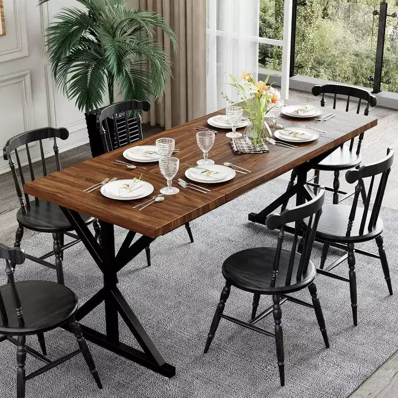Mesa de comedor Dyonery Farmhouse para 6-8 personas, 70.8 pulgadas, rectangular, de madera, Nogal/Negro