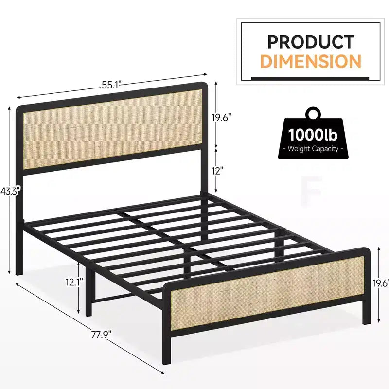 CuisinSmart Base de cama con cabecero y piecero de ratán, base de cama bohemia con soportes de listones de metal de alta resistencia, no necesita somier