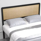 CuisinSmart Base de cama con cabecero y piecero de ratán, base de cama bohemia con soportes de listones de metal de alta resistencia, no necesita somier