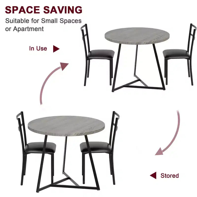 Juego de comedor redondo de 3 piezas para 2 personas, juego de mesa de cocina con 2 sillas tapizadas, estructura de metal y tablero con vetas de madera, muebles de comedor para cocina