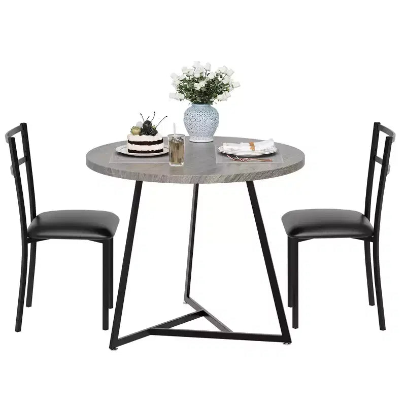 Juego de comedor redondo de 3 piezas para 2 personas, juego de mesa de cocina con 2 sillas tapizadas, estructura de metal y tablero con vetas de madera, muebles de comedor para cocina