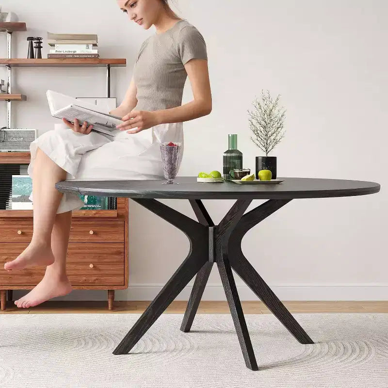 PexFix 47.2 Mesa de comedor redonda de madera maciza para 4-6 personas, mesas de comedor modernas de estilo rústico para cocina, comedor, restaurante, negro