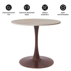 Mesa de comedor redonda LeisureMod Bristol de 27 pulgadas con cubierta de piedra sinterizada y base de pedestal de acero color cerezo para cocina y comedor modernos