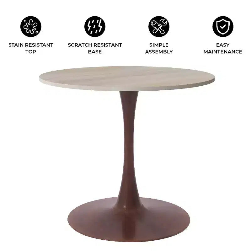 Mesa de comedor redonda LeisureMod Bristol de 27 pulgadas con cubierta de piedra sinterizada y base de pedestal de acero color cerezo para cocina y comedor modernos