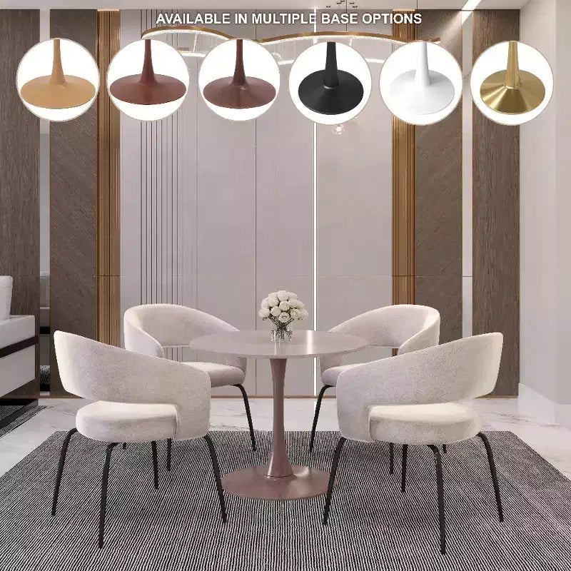 Mesa de comedor redonda LeisureMod Bristol de 27 pulgadas con cubierta de piedra sinterizada y base de pedestal de acero color cerezo para cocina y comedor modernos