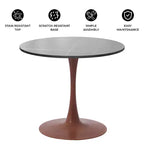 Mesa de comedor redonda LeisureMod Bristol de 27 pulgadas con cubierta de piedra sinterizada y base de pedestal de acero color cerezo para cocina y comedor modernos
