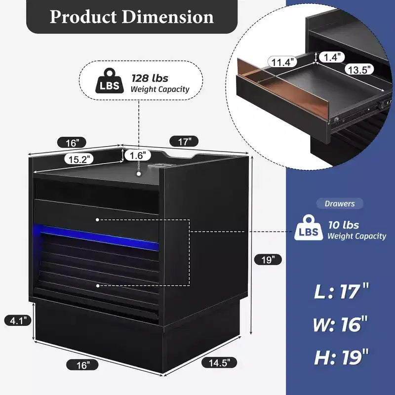 Mesita de Noche Moderna Whisen con 2 Cajones, Luces LED y Puertos de Carga, Gran Almacenamiento