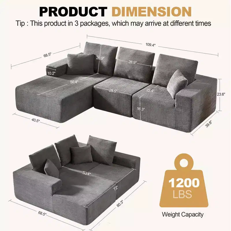 Sofá modular Whisen con chaise longue, sofá tipo nube en forma de L, no requiere montaje