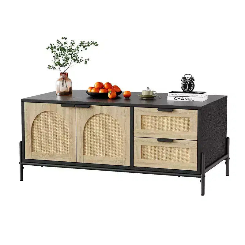 CuisinSmart Mesa de centro de ratán estilo casa de campo, mesa central moderna con 2 cajones de almacenamiento y estante abierto, mesa auxiliar rectangular para sala de estar