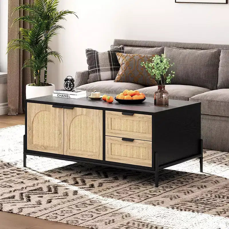 CuisinSmart Mesa de centro de ratán estilo casa de campo, mesa central moderna con 2 cajones de almacenamiento y estante abierto, mesa auxiliar rectangular para sala de estar