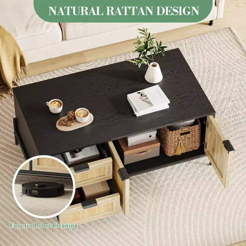 CuisinSmart Mesa de centro de ratán estilo casa de campo, mesa central moderna con 2 cajones de almacenamiento y estante abierto, mesa auxiliar rectangular para sala de estar