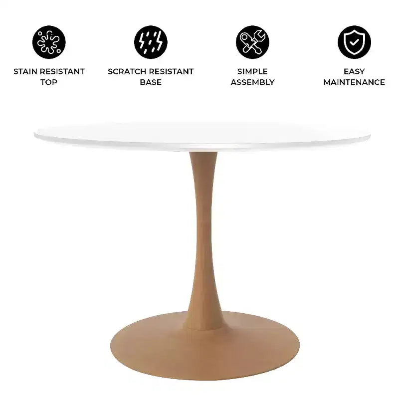 Mesa de comedor redonda LeisureMod Bristol 40 con tablero de piedra sinterizada y base de pedestal de acero y madera natural para cocina y comedor modernos