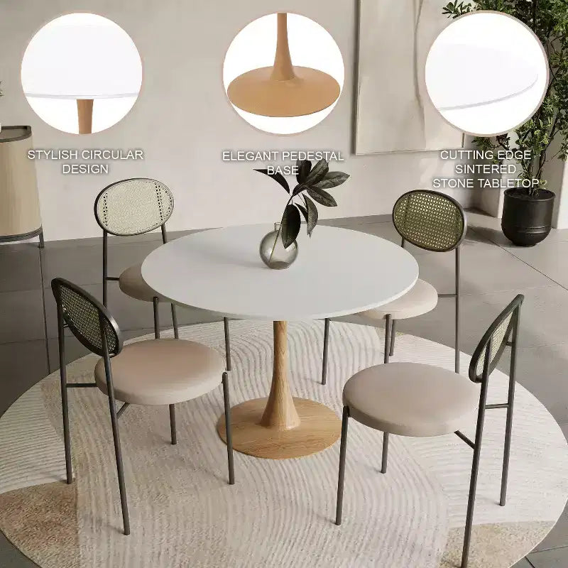 Mesa de comedor redonda LeisureMod Bristol 40 con tablero de piedra sinterizada y base de pedestal de acero y madera natural para cocina y comedor modernos
