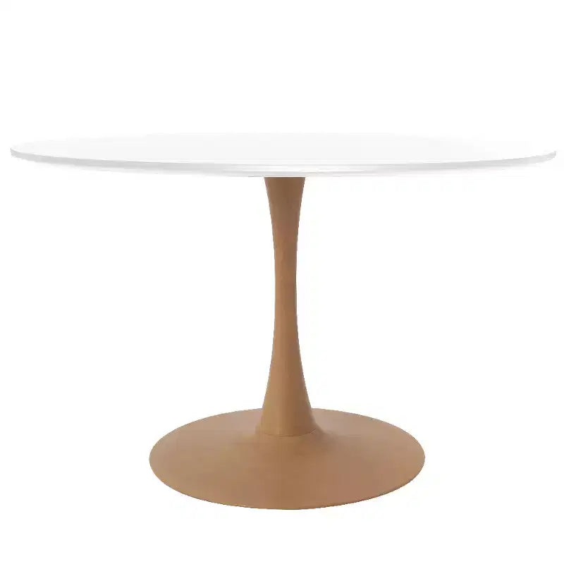 Mesa de comedor redonda LeisureMod Bristol 40 con tablero de piedra sinterizada y base de pedestal de acero y madera natural para cocina y comedor modernos