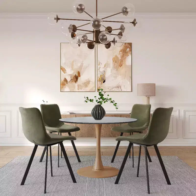 Mesa de comedor redonda LeisureMod Bristol 40 con tablero de piedra sinterizada y base de pedestal de acero y madera natural para cocina y comedor modernos