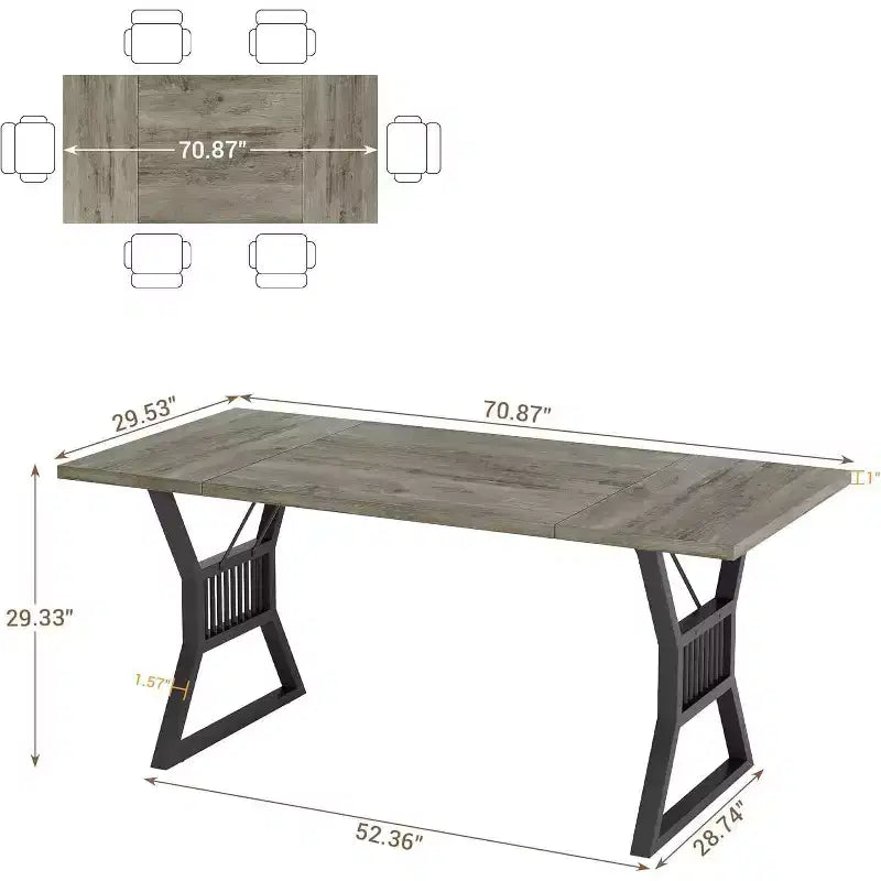 Mesa de comedor industrial gris de 70.9 pulgadas para 6-8 personas, mesa de cocina rectangular de madera con patas resistentes de metal negro, superficie impermeable, base de caballete moderna