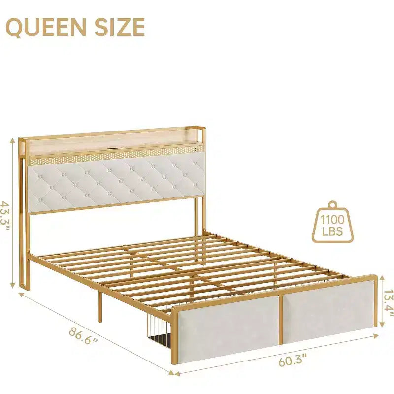 Base de cama CuisinSmart con 2 cajones de almacenaje, base de cama LED con cabecero de almacenaje de 2 niveles y estación de carga, base de cama de plataforma de metal