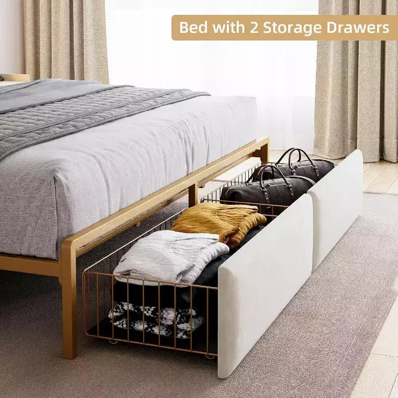 Base de cama CuisinSmart con 2 cajones de almacenaje, base de cama LED con cabecero de almacenaje de 2 niveles y estación de carga, base de cama de plataforma de metal