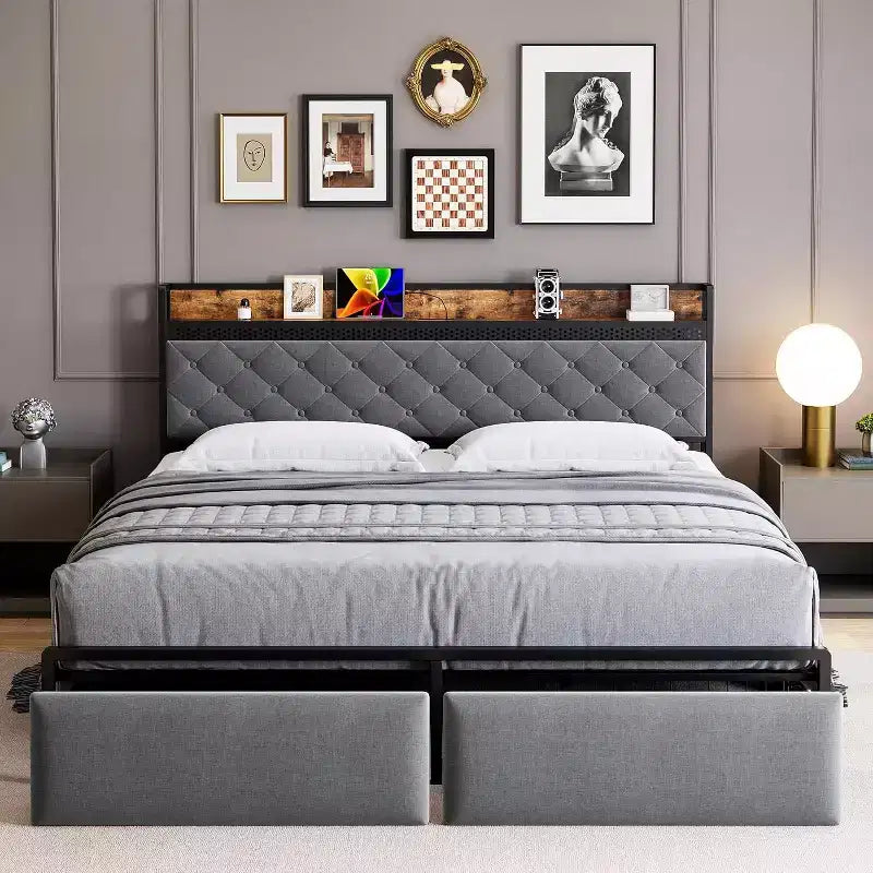Base de cama CuisinSmart con 2 cajones de almacenaje, base de cama LED con cabecero de almacenaje de 2 niveles y estación de carga, base de cama de plataforma de metal
