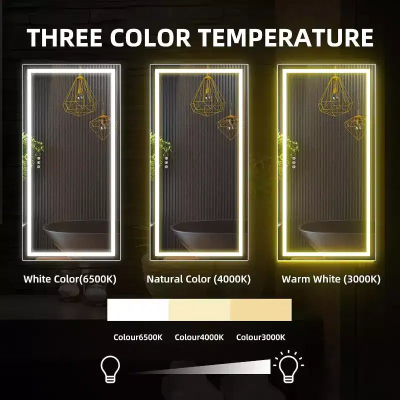 Espejo de baño LED, espejo grande antivaho con 3 temperaturas de color, espejo de pared inteligente regulable, espejo de maquillaje moderno con control táctil