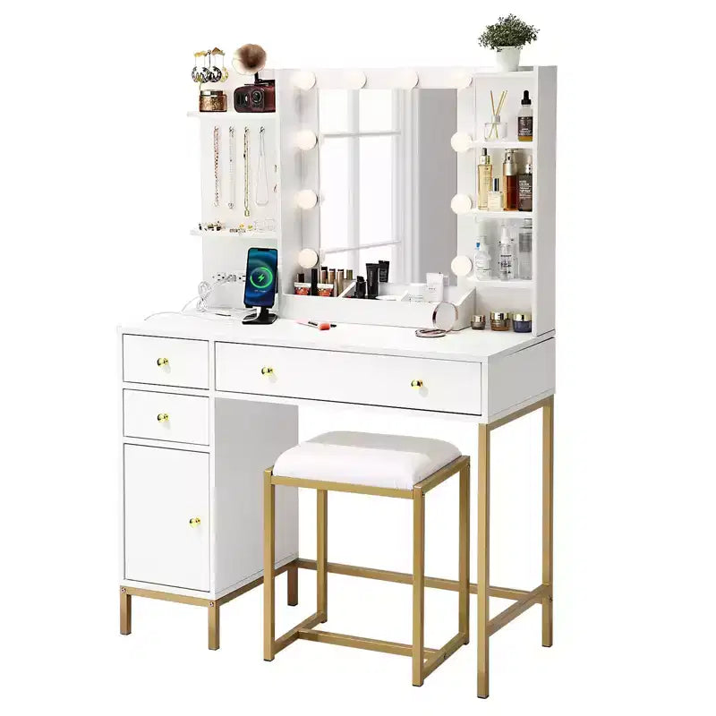 GustoWave Vanity Desk with Mirror, Makeup Vanity Table with Chair & Charging Station, Dressing Table with Drawers & Storage Shelves, 3 Lighting Modes