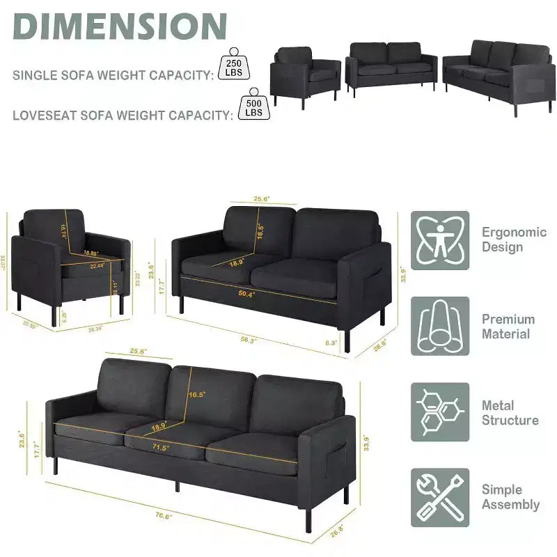 TYBOATLE Juego de Muebles de Sala de Estar de 3 Piezas con USB, Sofá Moderno de 3 Plazas, Sofá de Dos Plazas y Sillón para Espacios Pequeños