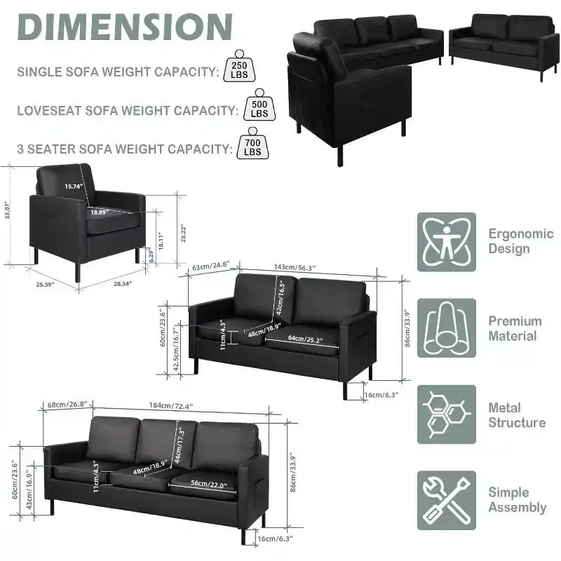 TYBOATLE Juego de Muebles de Sala de Estar de 3 Piezas con USB, Sofá Moderno de 3 Plazas, Sofá de Dos Plazas y Sillón para Espacios Pequeños
