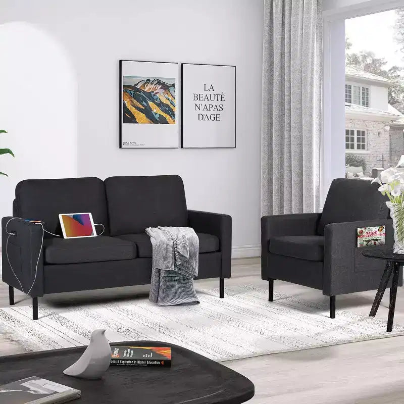 TYBOATLE Juego de Muebles de Sala de Estar de 3 Piezas con USB, Sofá Moderno de 3 Plazas, Sofá de Dos Plazas y Sillón para Espacios Pequeños