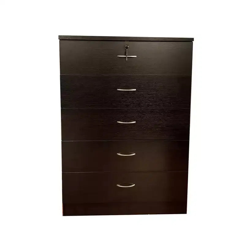 Cómoda moderna Okak Sleek de 5 cajones con rieles metálicos silenciosos y cerradura superior de metal para ropa