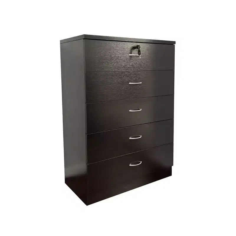 Cómoda moderna Okak Sleek de 5 cajones con rieles metálicos silenciosos y cerradura superior de metal para ropa
