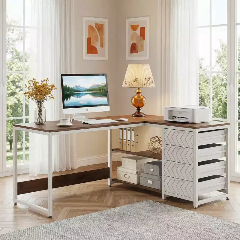 MAYEERTY Reversible L-Shaped Desk with 2-Tier Shelf & 4 Drawers