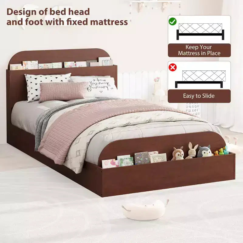 Estructura de cama individual, camas de madera con cabecero de almacenamiento y pie de cama elevado para niños, cama de plataforma baja de suelo para dormitorio, sin necesidad de somier