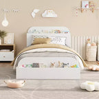 Estructura de cama individual, camas de madera con cabecero de almacenamiento y pie de cama elevado para niños, cama de plataforma baja de suelo para dormitorio, sin necesidad de somier