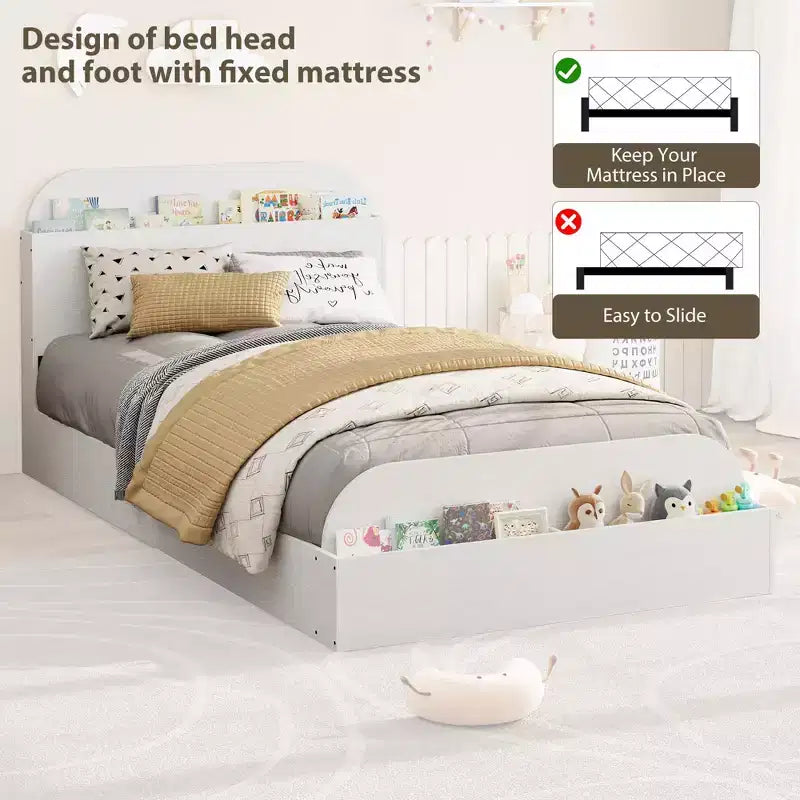 Estructura de cama individual, camas de madera con cabecero de almacenamiento y pie de cama elevado para niños, cama de plataforma baja de suelo para dormitorio, sin necesidad de somier