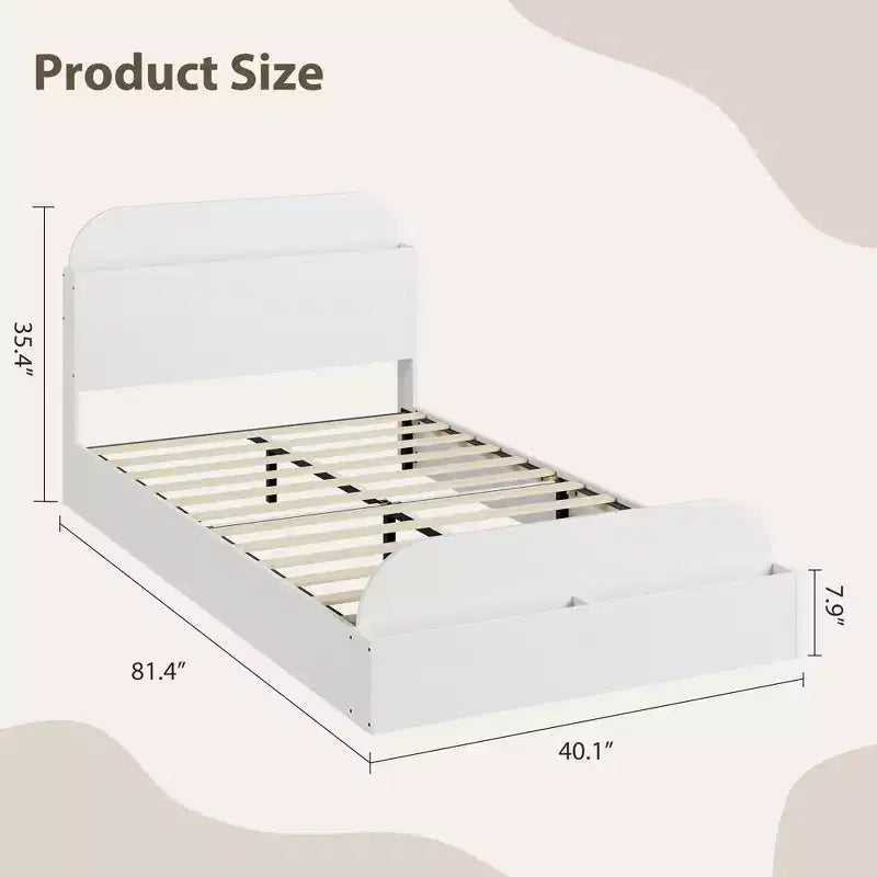 Estructura de cama individual, camas de madera con cabecero de almacenamiento y pie de cama elevado para niños, cama de plataforma baja de suelo para dormitorio, sin necesidad de somier