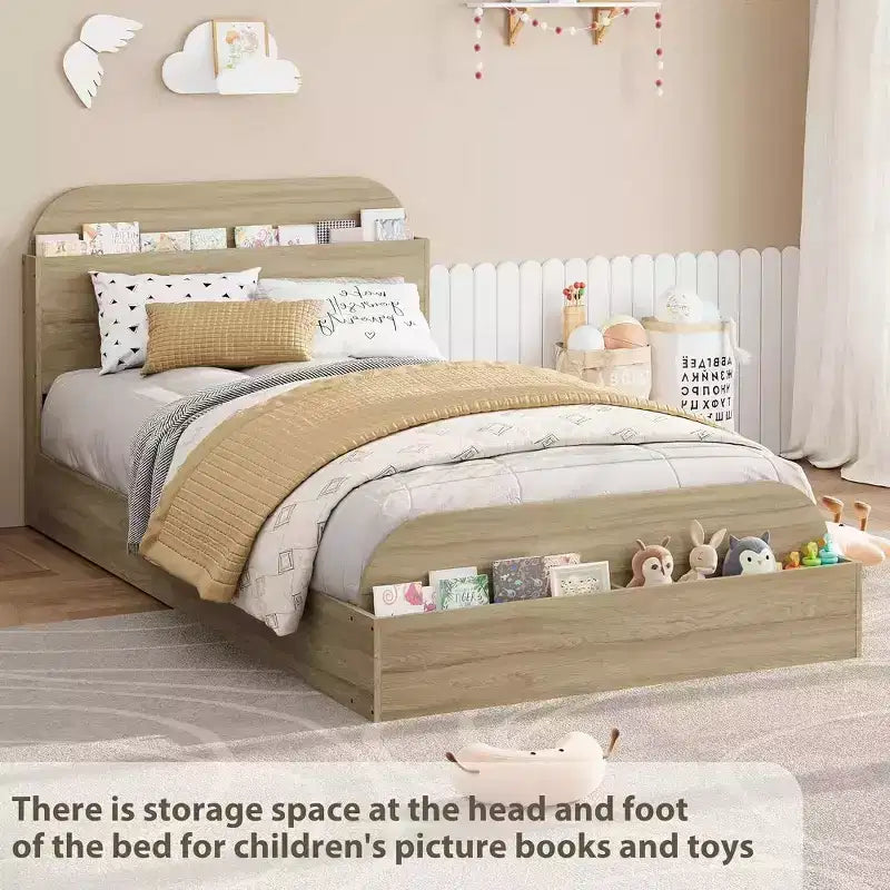 Estructura de cama individual, camas de madera con cabecero de almacenamiento y pie de cama elevado para niños, cama de plataforma baja de suelo para dormitorio, sin necesidad de somier