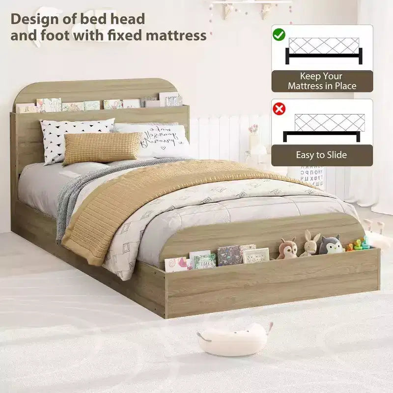 Estructura de cama individual, camas de madera con cabecero de almacenamiento y pie de cama elevado para niños, cama de plataforma baja de suelo para dormitorio, sin necesidad de somier