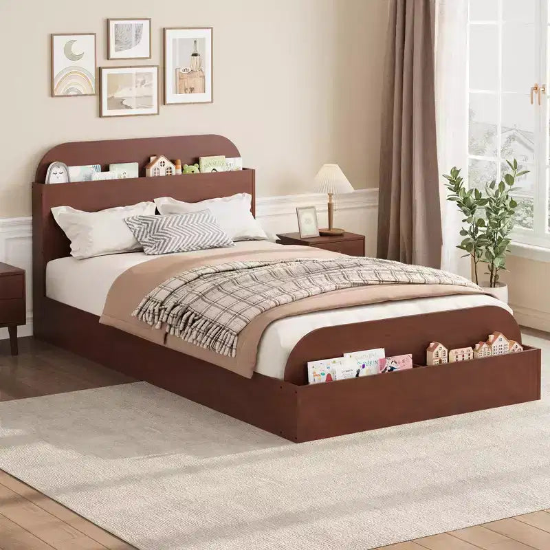 Estructura de cama individual, camas de madera con cabecero de almacenamiento y pie de cama elevado para niños, cama de plataforma baja de suelo para dormitorio, sin necesidad de somier