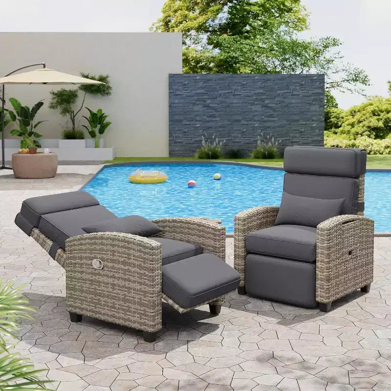 Tumbona reclinable para exteriores, tumbona de ratán para patio con bomba de aire, respaldo y reposapiés ajustables, reclinación de 150 grados, tumbona de mimbre para patio, gris