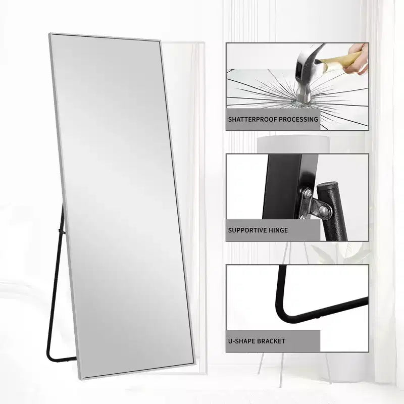 PexFix espejo de pared de cuerpo entero rectangular con marco de metal, de 53,34 cm de ancho x 162,56 cm de alto, espejo de pie en color plateado