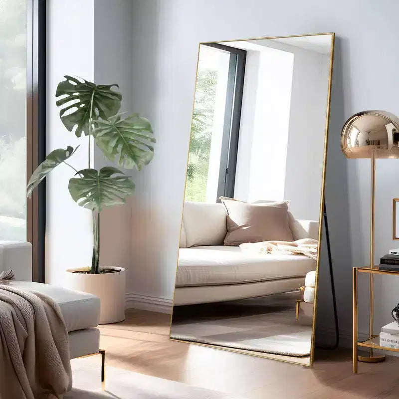 PexFix 59x28 Espejo de cuerpo entero rectangular de ángulo recto con borde fino de aluminio y soporte