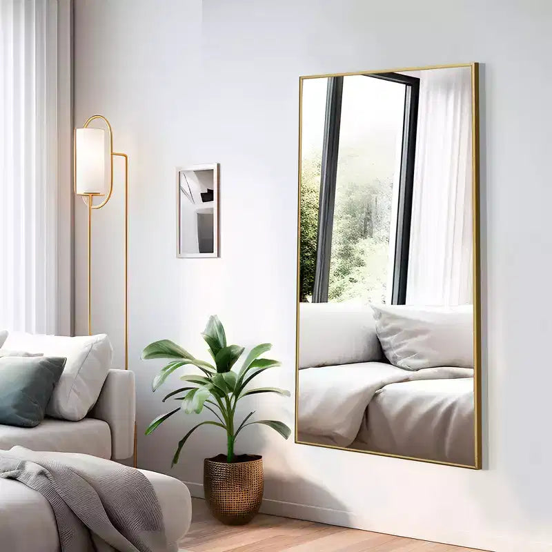 PexFix 59x28 Espejo de cuerpo entero rectangular de ángulo recto con borde fino de aluminio y soporte