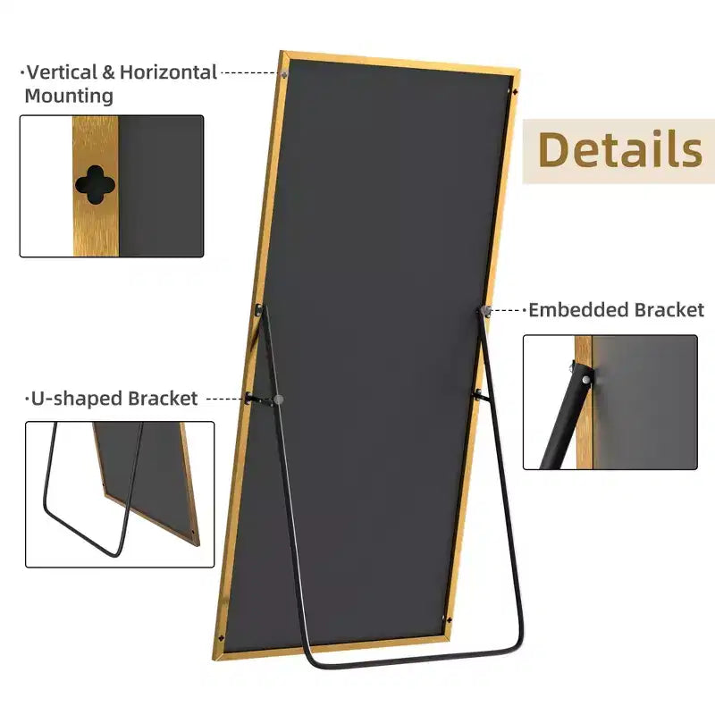PexFix 59x28 Espejo de cuerpo entero rectangular de ángulo recto con borde fino de aluminio y soporte