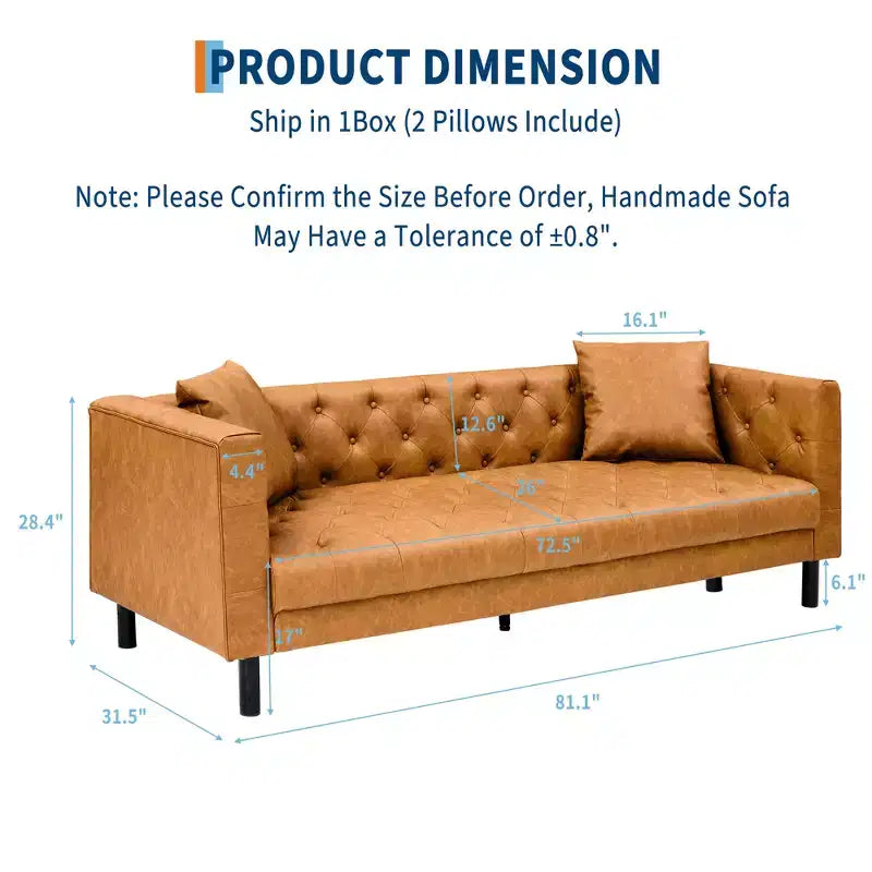 Sofá de cuero moderno de mediados de siglo 81, sofá de 3 plazas con botones capitoné, con asientos profundos y 2 almohadas, para sala de estar