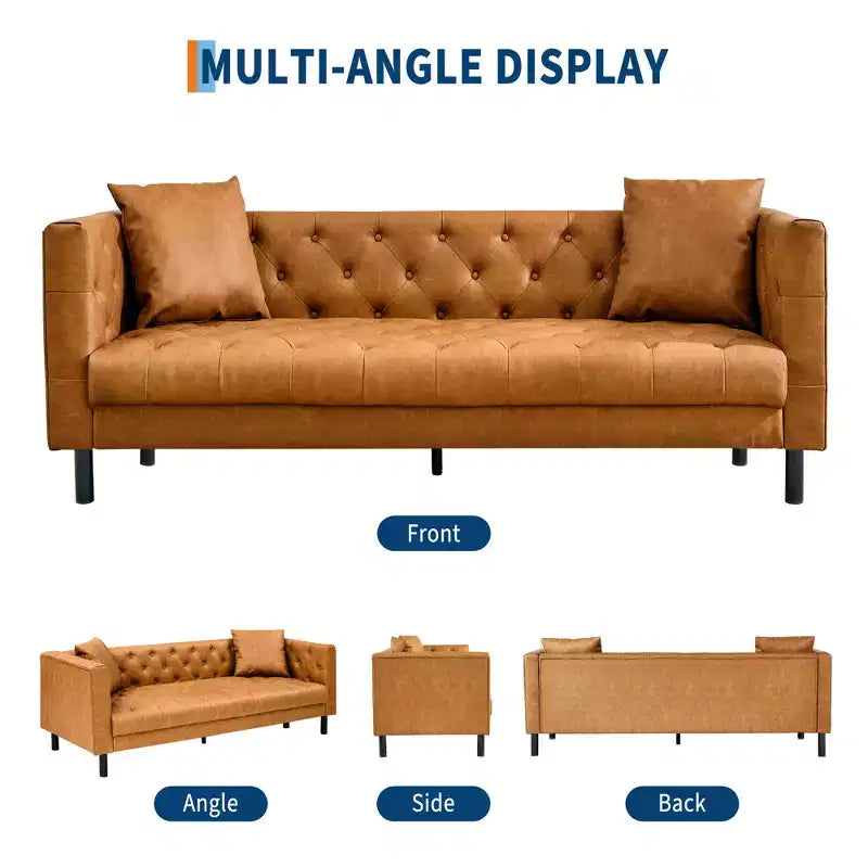 Sofá de cuero moderno de mediados de siglo 81, sofá de 3 plazas con botones capitoné, con asientos profundos y 2 almohadas, para sala de estar