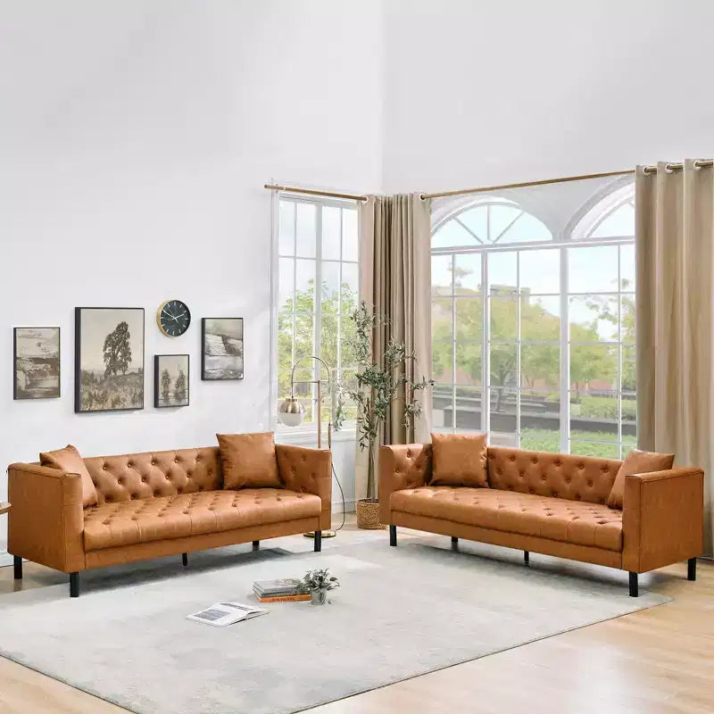 Sofá de cuero moderno de mediados de siglo 81, sofá de 3 plazas con botones capitoné, con asientos profundos y 2 almohadas, para sala de estar