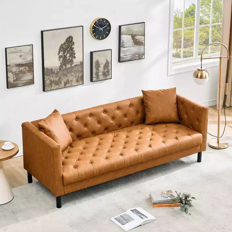 Sofá de cuero moderno de mediados de siglo 81, sofá de 3 plazas con botones capitoné, con asientos profundos y 2 almohadas, para sala de estar