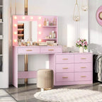 Tocador de maquillaje de 61 pulgadas con espejo y luces, tocador con 8 cajones de almacenamiento amplios y 3 modos de iluminación con brillo ajustable para dormitorio