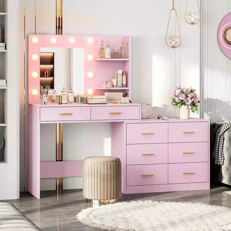 Tocador de maquillaje de 61 pulgadas con espejo y luces, tocador con 8 cajones de almacenamiento amplios y 3 modos de iluminación con brillo ajustable para dormitorio